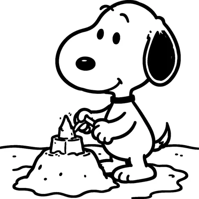 Snoopy smiles as he shapes a sandcastle with a pointed tower, sitting in a mound of sand on the beach.