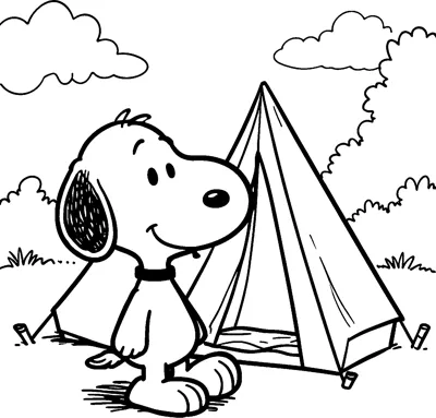 Snoopy stands smiling in front of a pitched tent with pegs in the ground, with bushes, trees and clouds behind.