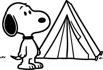 Snoopy stands beside a triangle tent with its door flap open, looking ahead with his ear hanging down.