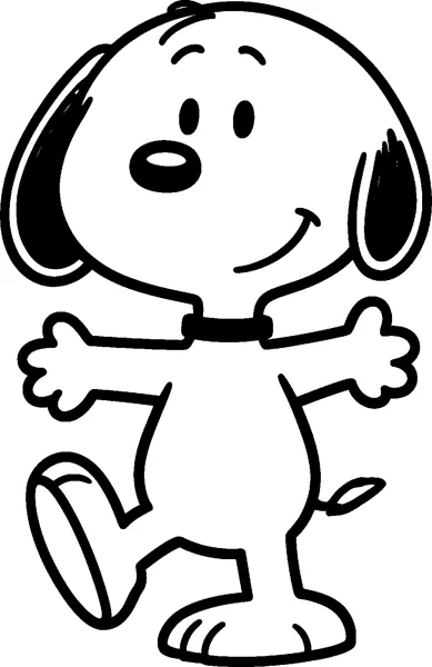Snoopy dances with his arms spread wide and one foot kicked up, smiling with both floppy ears and his collar showing.