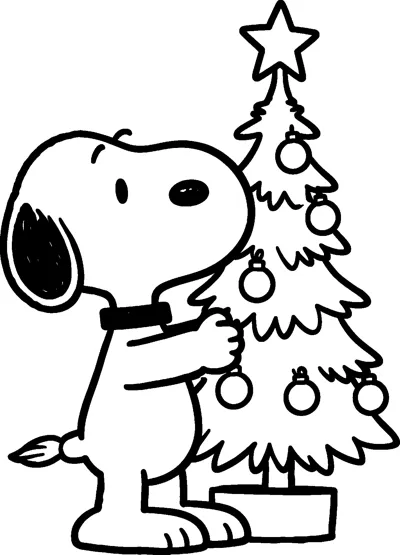 Snoopy hangs a round bauble on a Christmas tree topped with a star, standing beside the tree in its pot.