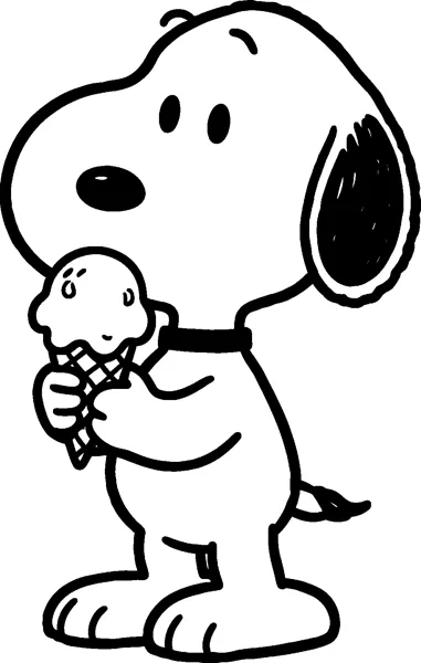 Snoopy holds an ice cream cone with a scoop on top close to his nose, standing with his tail out behind him.