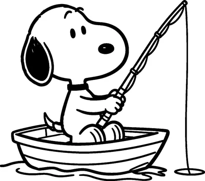 Snoopy sits in a small rowing boat holding a fishing rod, with the line dropping into rippling water.