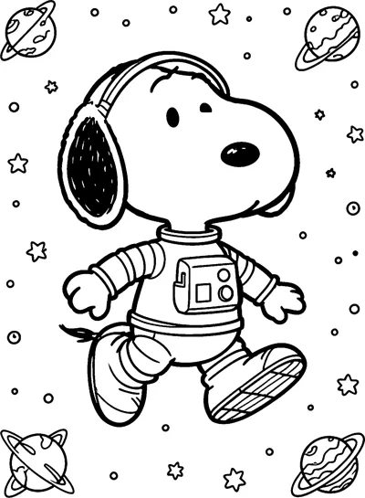 Snoopy floats through outer space in an astronaut suit, surrounded by ringed planets, stars and little round dots.