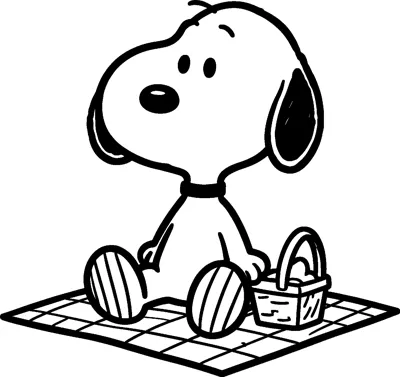 Snoopy sits on a checked picnic blanket next to a woven basket, looking up with his striped feet out front.