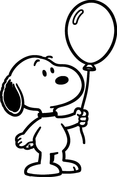 Snoopy stands holding the string of a big round balloon that floats above his head.