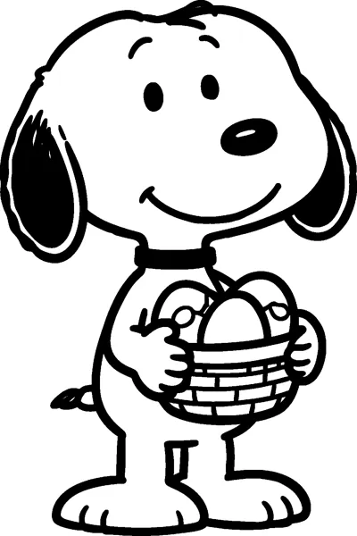 Snoopy smiles while holding a woven basket filled with decorated Easter eggs in front of him.