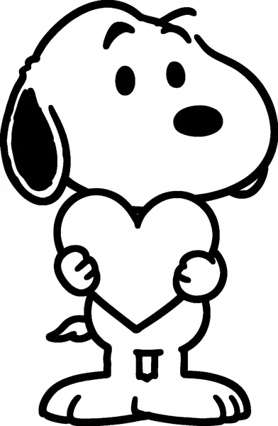 Snoopy stands holding a large heart in front of his body with both paws, his floppy ear hanging by his face.