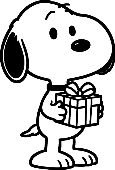Snoopy stands side on holding a wrapped gift box with a ribbon and bow, his tail sticking out behind him.
