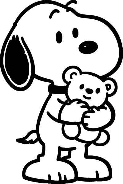 Snoopy stands holding a small, smiling teddy bear close to his chest, with his long ear and collar outlined.