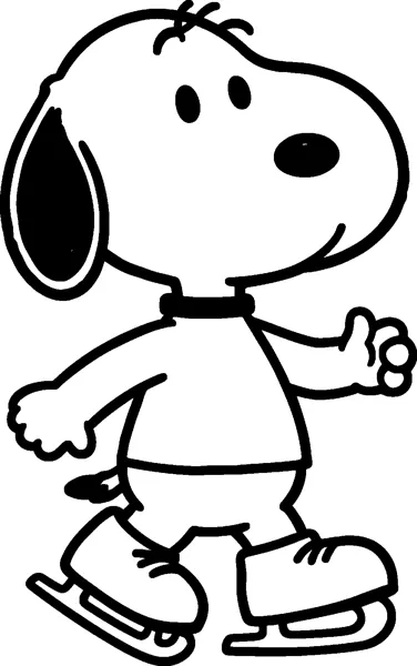 Snoopy glides along on ice skates with his arms out for balance, smiling as one skate lifts behind him.