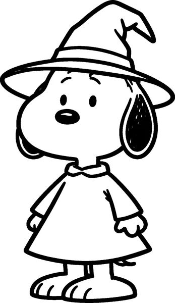 Snoopy stands dressed for Halloween in a pointed witch hat with a wide brim and a long witch dress.