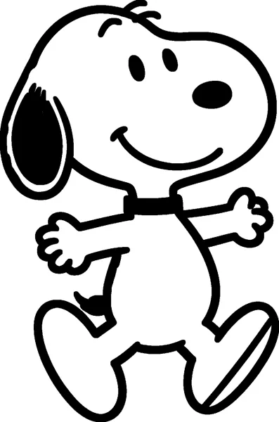 Snoopy jumps in the air with a big smile, his arms spread wide and both feet off the ground.
