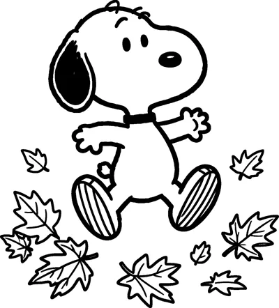 Snoopy leaps happily with his arms out above a pile of falling maple leaves scattered across the ground.