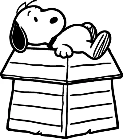 Snoopy lies stretched out on the pointed roof of his wooden doghouse, one paw hanging over the edge and his feet in the air.