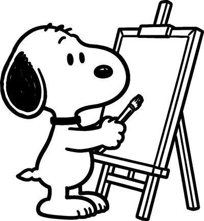 Snoopy stands at a wooden easel holding a paintbrush up to a blank canvas, ready to paint.