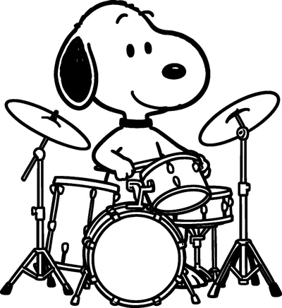 Snoopy sits behind a full drum kit with a bass drum, toms and two cymbals on stands, smiling as he plays.