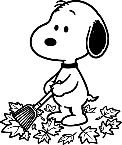Snoopy holds a garden rake and sweeps up a pile of maple leaves around his feet.
