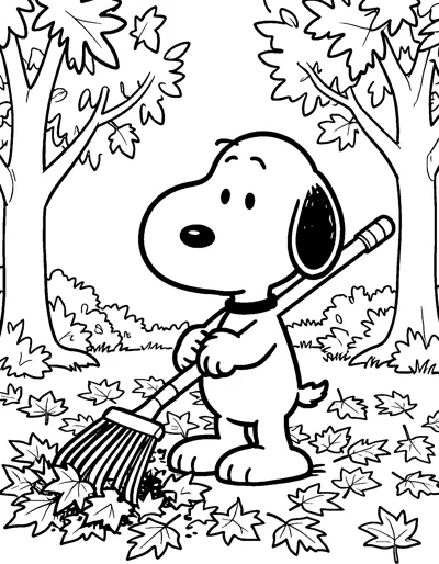 Snoopy rakes a carpet of fallen maple leaves in a woodland with tall trees and leafy branches around him.