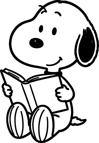 Snoopy sits on the ground with a big open book in his paws, smiling as he reads with his striped feet out front.