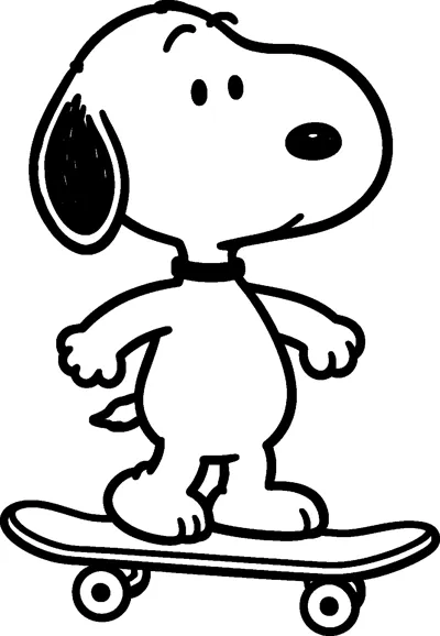 Snoopy balances on a skateboard with four wheels, his arms out at his sides and his tail flicking behind.