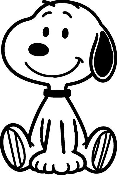 Snoopy the beagle sits facing forward with a big smile, his floppy ear, collar and striped foot pads drawn in bold outlines.