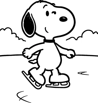 Snoopy skates across a frozen pond with bushes behind him, one skate lifted and his arms out for balance.