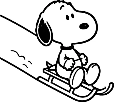 Snoopy sits on a wooden sled with curled runners as he slides down a snowy hill.