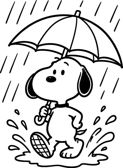 Snoopy walks through a puddle holding an open umbrella while rain falls and water splashes up around his feet.
