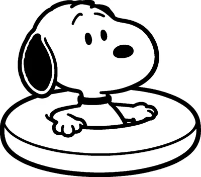Snoopy floats in a large rubber swimming ring with his paws resting on top and his ear hanging down.