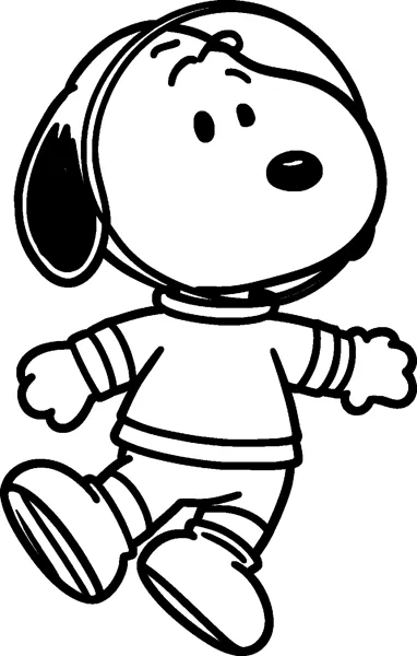Snoopy floats along in a space suit and round glass helmet, his arms and feet stretched out as if drifting.