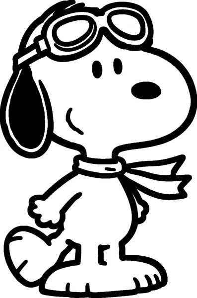 Snoopy stands proudly in his flying ace outfit with aviator goggles on his head and a long scarf blowing behind him.