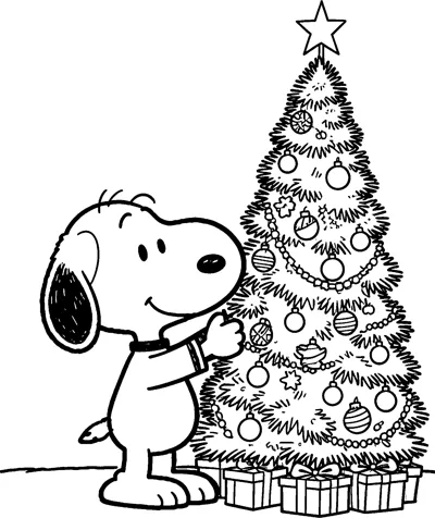 Snoopy hangs an ornament on a tall Christmas tree covered in baubles and garlands, with wrapped gifts piled underneath.