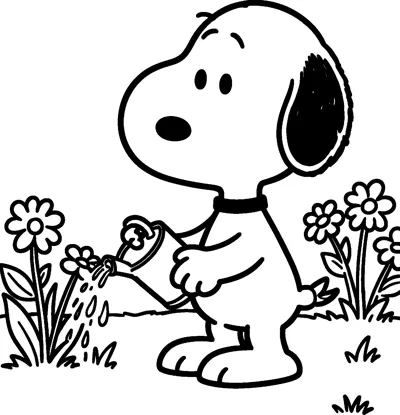 Snoopy uses a watering can to sprinkle water on a row of flowers growing in the grass.