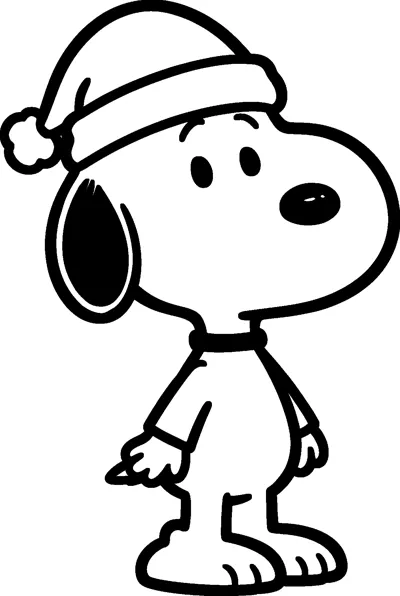Snoopy stands side on wearing a floppy Santa hat with a fluffy pom-pom, his collar and long ear clearly outlined.