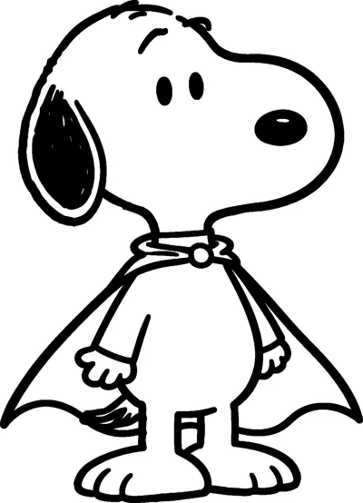 Snoopy stands in profile wearing a long flowing superhero cape fastened at his neck with a round clasp.