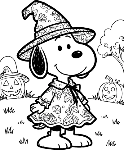 Snoopy wears a patterned witch hat and dress while standing in a grassy field with jack-o'-lanterns and a tree behind him.