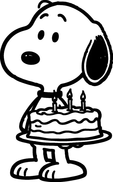 Snoopy holds a round birthday cake with three lit candles on a plate, looking up with his ear hanging down.