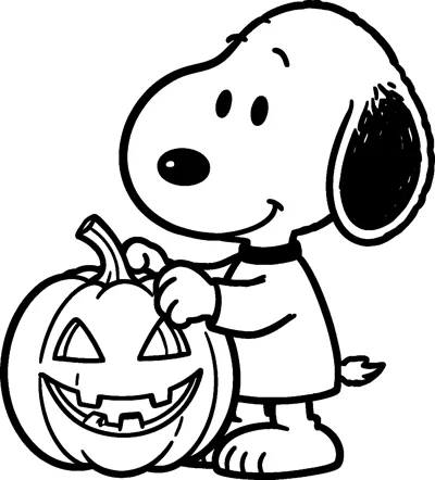 Snoopy smiles beside a large carved jack-o'-lantern with a grinning face, holding the pumpkin by its curly stem.