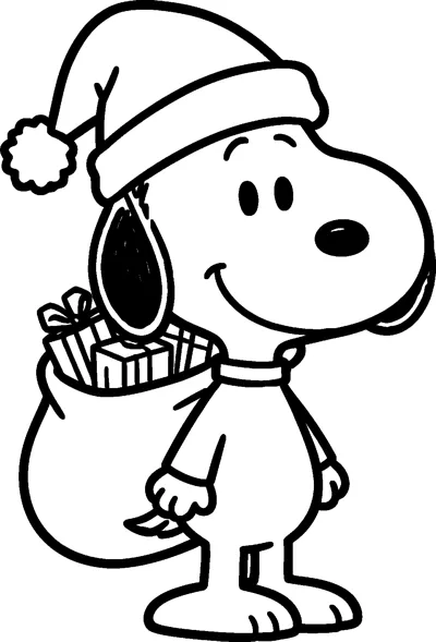 Snoopy smiles in a Santa hat while carrying a big sack stuffed with wrapped presents over his shoulder.
