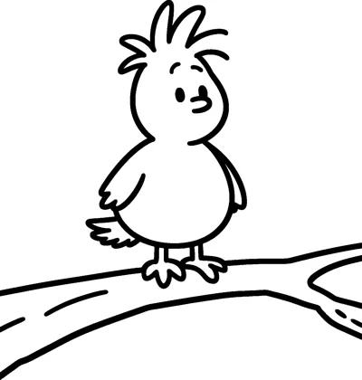 Woodstock the little yellow bird from Peanuts standing on a long tree branch with his scruffy head feathers up.