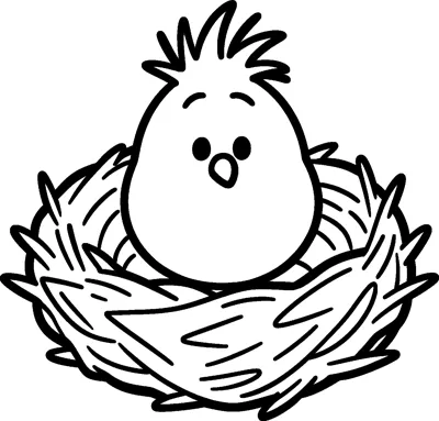 Woodstock the tiny bird from Peanuts sitting snugly inside a big twiggy nest with his scruffy head feathers sticking up.