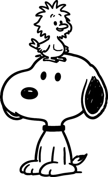 Little Woodstock with spiky head feathers perches on top of Snoopy's round head while Snoopy sits calmly with his collar on.