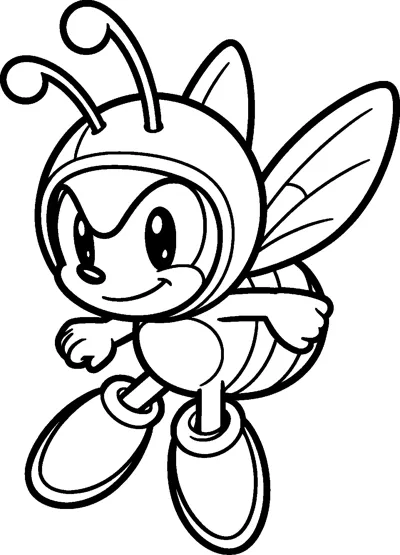 Charmy Bee from the Sonic games flies through the air with a round helmet, curly antennae, striped body and two wings.