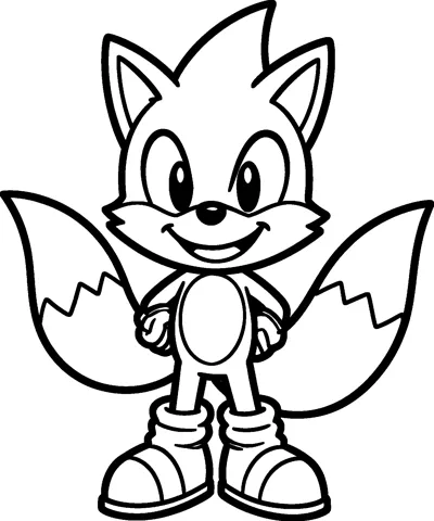 Tails the fox from Sonic the Hedgehog smiles with his hands on his hips while his two fluffy tails spread out behind him.