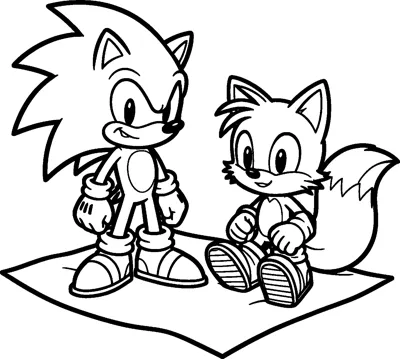 Sonic the Hedgehog stands beside Tails the fox, who sits on a square picnic blanket with his two tails curled behind him.