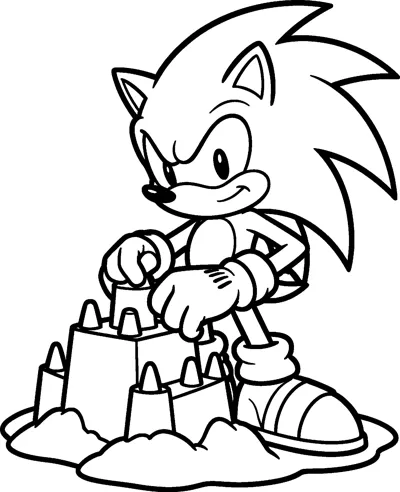 Sonic the Hedgehog crouches on a sandy patch patting the towers of a sandcastle with both hands.