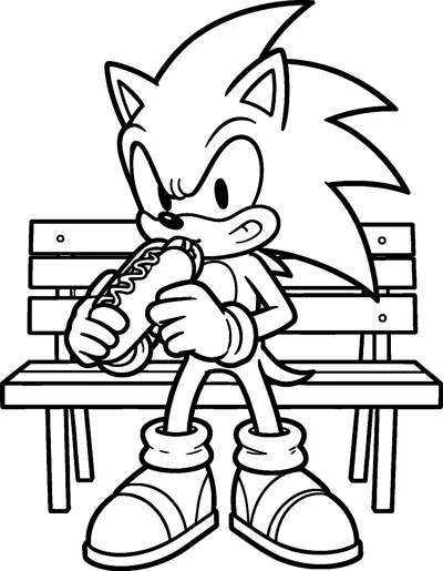 Sonic the Hedgehog sits on a wooden park bench holding a chili dog up to his mouth with both hands.