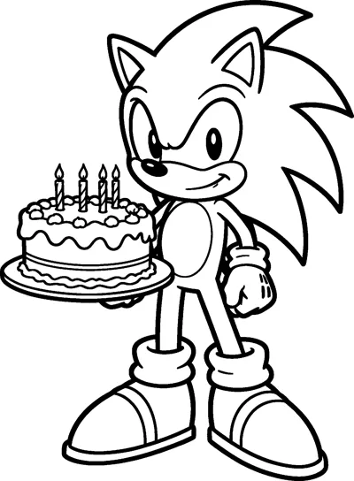 Sonic the Hedgehog holds out a two-layer birthday cake on a plate topped with four lit candles.