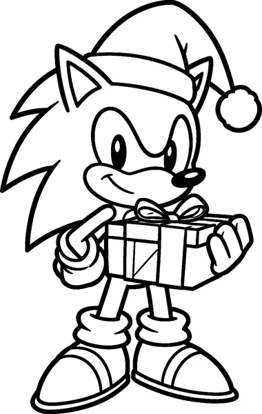 Sonic the Hedgehog wears a fluffy Santa hat and holds a wrapped Christmas present tied with a bow.